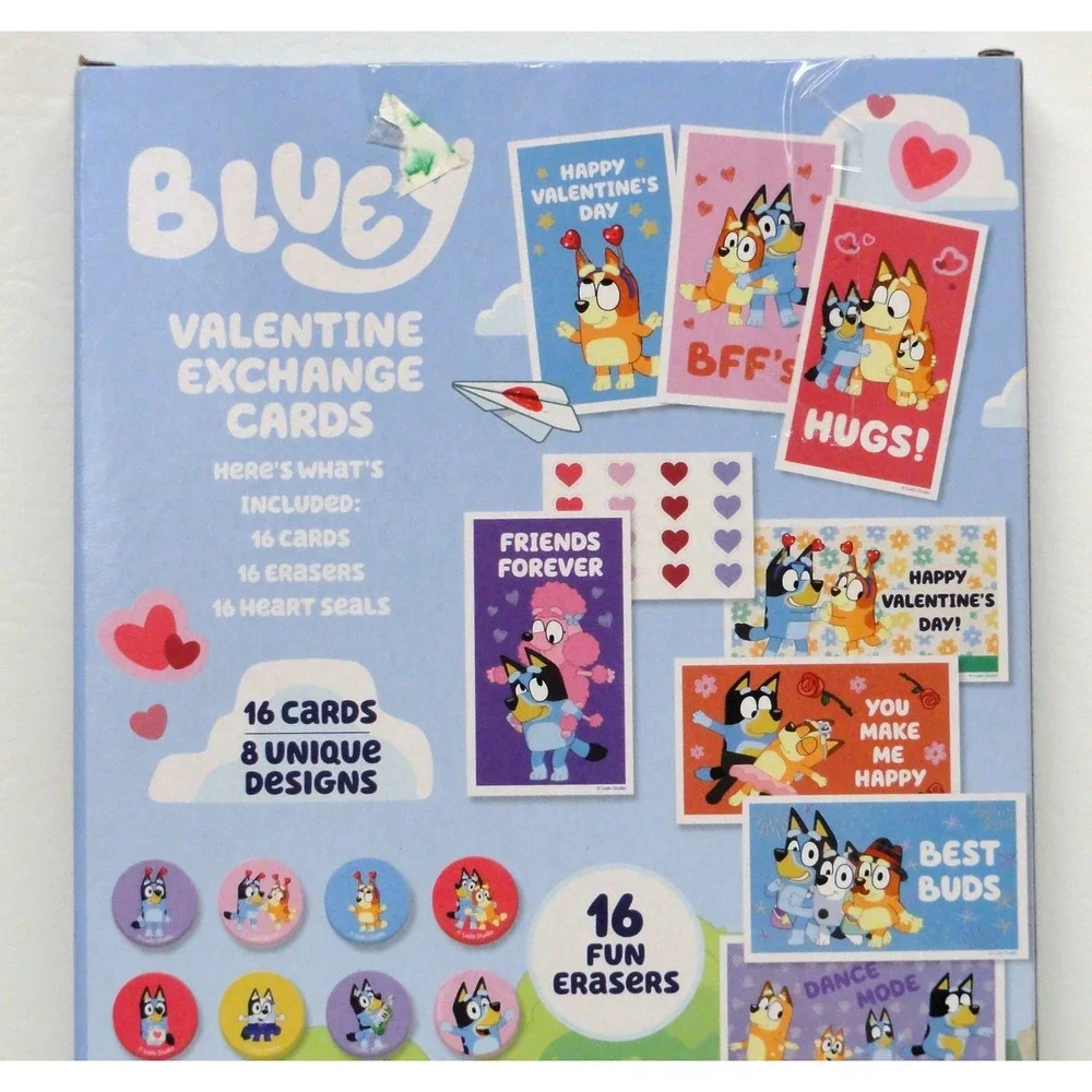 Bluey Dog and Friends 16 Valentine Day Exchange Cards And Fun Erasers Lot of 2